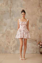 Mariateresa Mini Dress Pink Floral Ruffled Trim Open - Back Tie Fastening