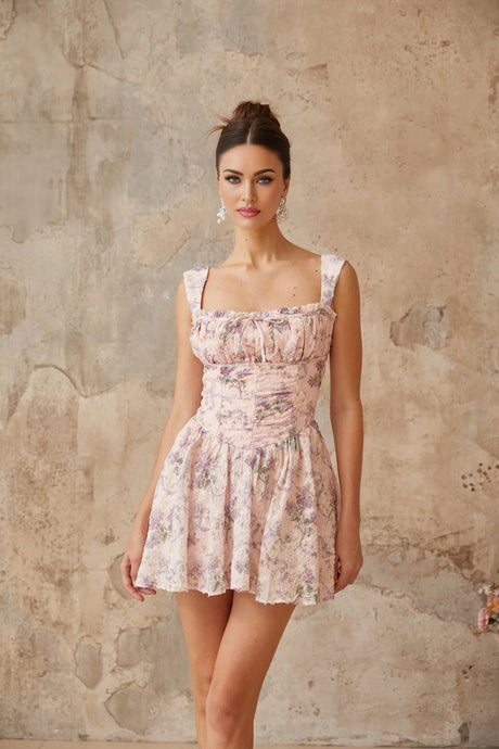 Mariateresa Mini Dress Pink Floral Ruffled Trim Open - Back Tie Fastening