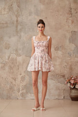 Mariateresa Mini Dress Pink Floral Ruffled Trim Open - Back Tie Fastening