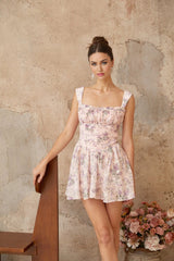 Mariateresa Mini Dress Pink Floral Ruffled Trim Open - Back Tie Fastening