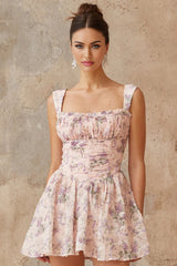 Mariateresa Mini Dress Pink Floral Ruffled Trim Open - Back Tie Fastening