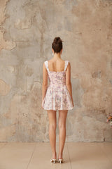 Mariateresa Mini Dress Pink Floral Ruffled Trim Open - Back Tie Fastening