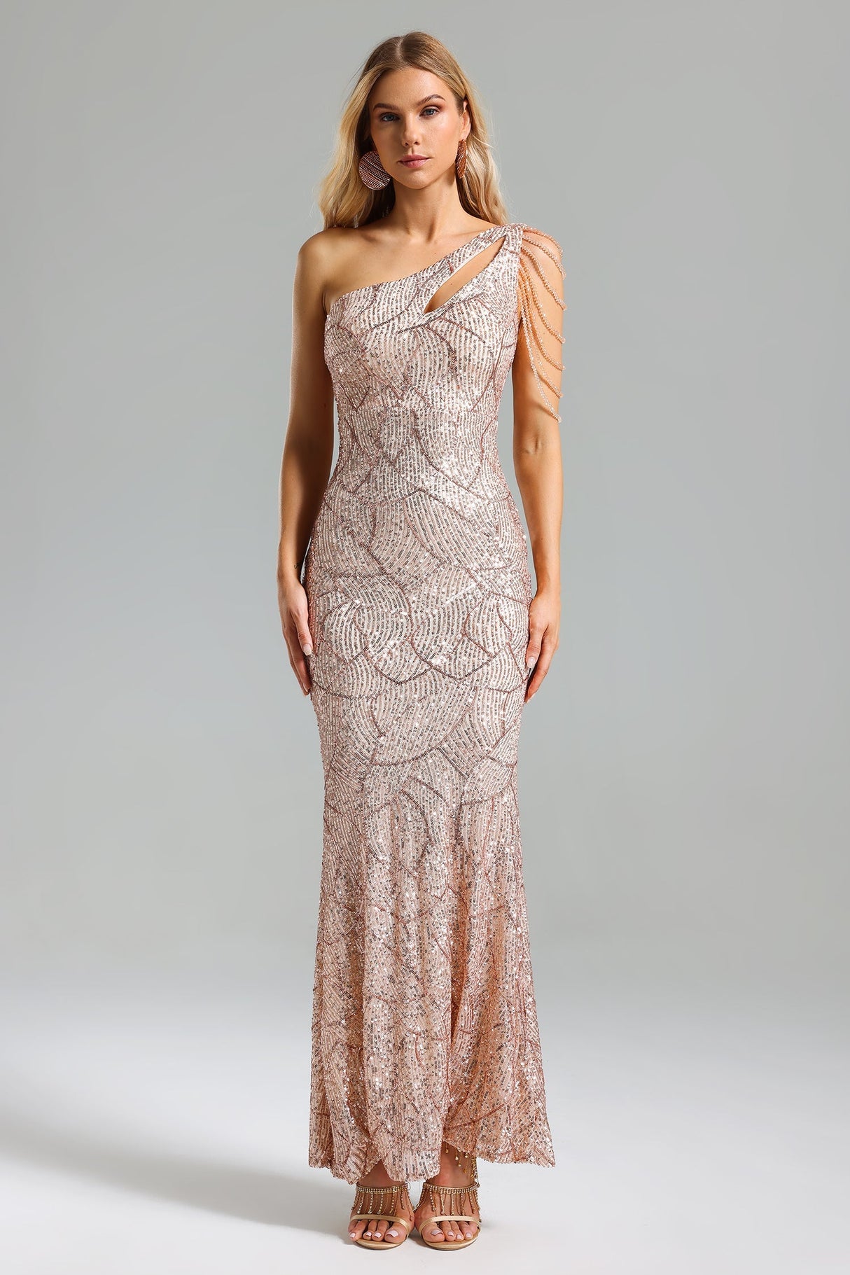Mariateresa Rose Sequin One-Shoulder Maxi Dress for Special Occasions