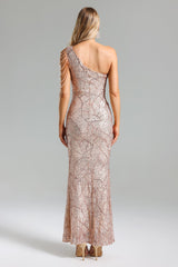 Mariateresa Rose Sequin One-Shoulder Maxi Dress for Evening Events Galas and Formal Parties