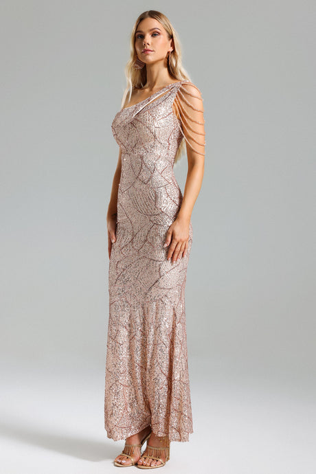 Mariateresa Rose Sequin One-Shoulder Maxi Dress for Evening Events Galas Formal Parties