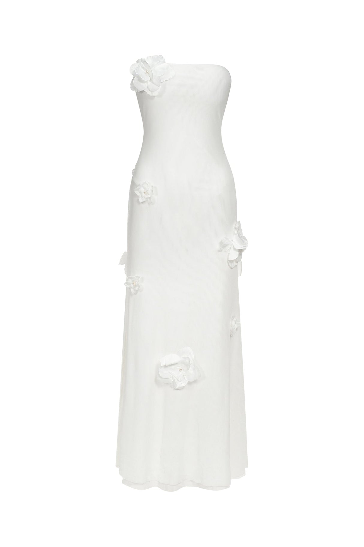 Mariateresa White Strapless Maxi Dress with High Slit and Floral Detailing