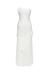 Mariateresa White Strapless Maxi Dress with High Slit and Floral Detailing