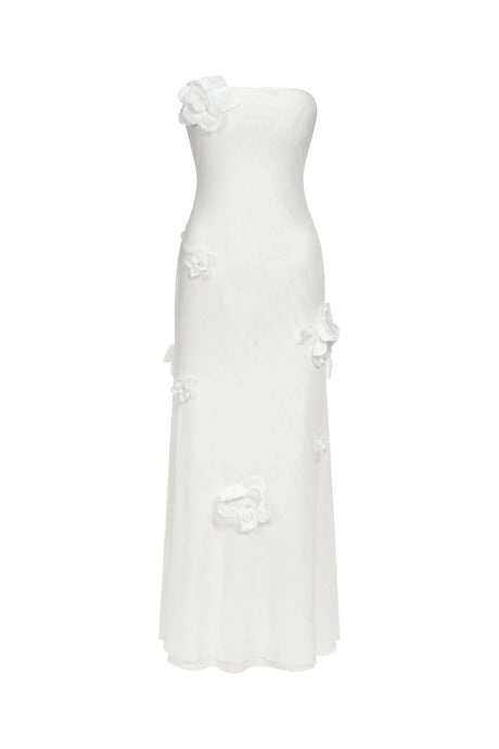 Mariateresa White Strapless Maxi Dress with High Slit and Floral Detailing