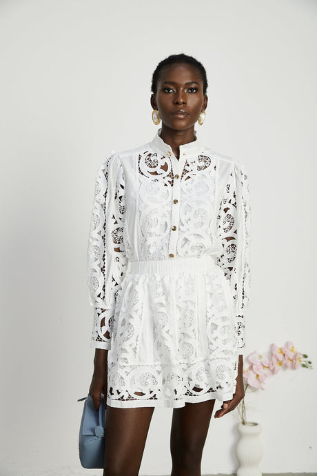 Marie lacefloral embellished shirt  skirt matching set