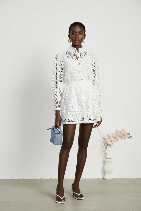 Marie lacefloral embellished shirt  skirt matching set
