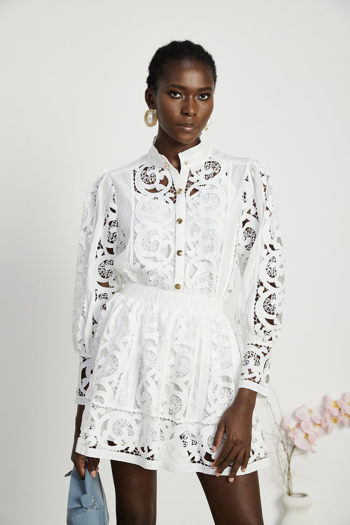 Marie lacefloral embellished shirt  skirt matching set