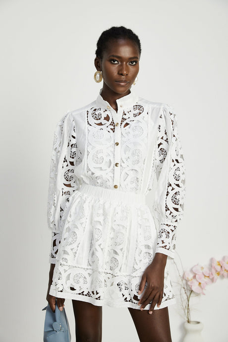 Marie lacefloral embellished shirt  skirt matching set