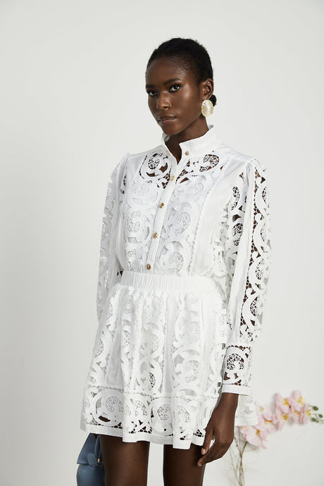 Marie lacefloral embellished shirt  skirt matching set