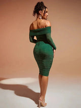 Mariella Midi Dress - Off The Shoulder - Ruched Detail - Bodycon Fit - Metallic Material