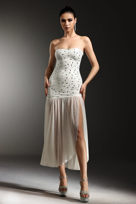 Mariella White Strapless Diamond Slit Dress with Shimmering Embellishments