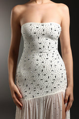Mariella White Strapless Diamond Slit Dress with Shimmering Embellishments