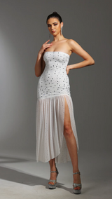 Mariella White Strapless Diamond Slit Dress with Shimmering Embellishments