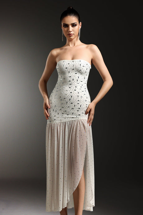 Mariella White Strapless Diamond Slit Evening Dress with Shimmering Embellishments