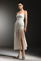 Mariella White Strapless Diamond Slit Evening Dress