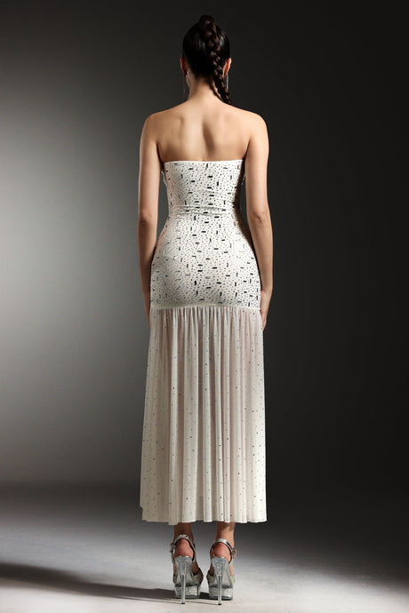 Mariella White Strapless Diamond Slit Evening Dress