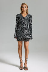 Marina Black Sequin V-Neck Long Sleeve Bodycon Dress