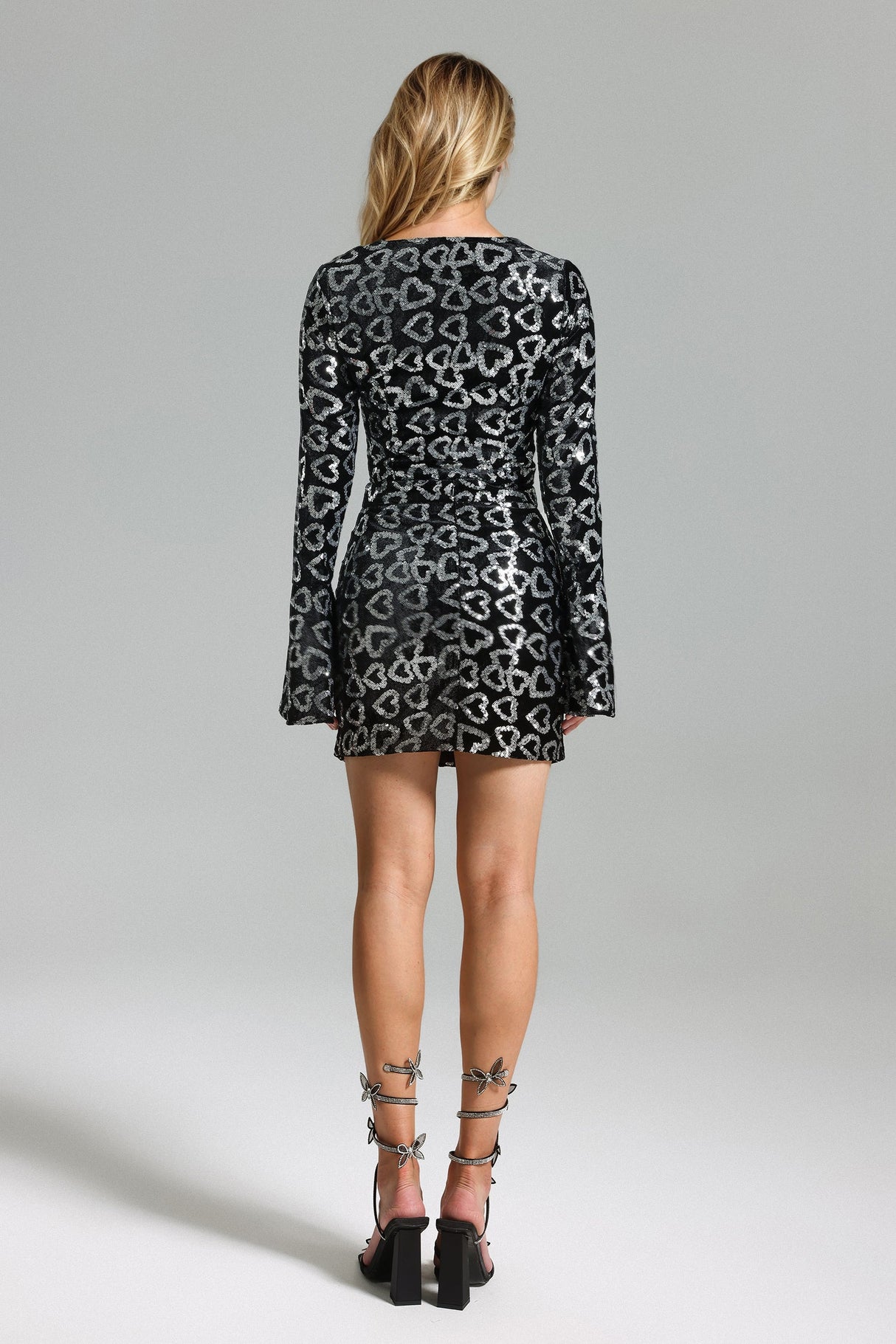 Marina Black Sequin V Neck Long Sleeve Bodycon Dress