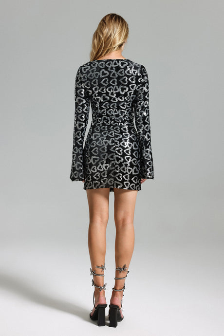 Marina Black Sequin V Neck Long Sleeve Bodycon Dress