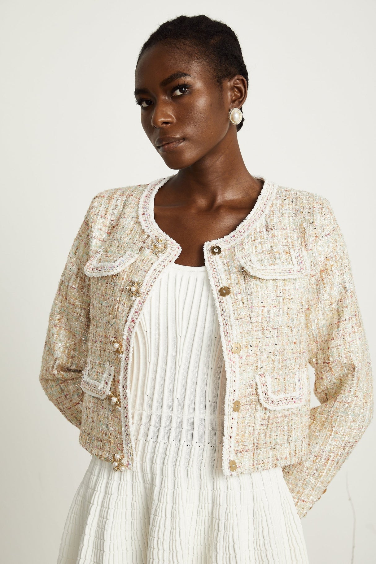 Marina Bouclé Tweed Jacket with Sequin Embellishment