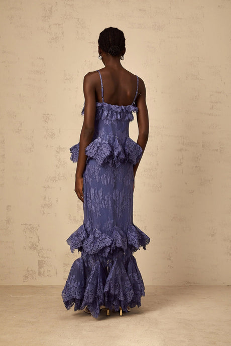 Marina Maxi Dress Purple Floral Lace Rhinestone Ruffle Bouquet