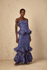 Marina Maxi Dress Purple Floral Lace Rhinestone Ruffle Bouquet