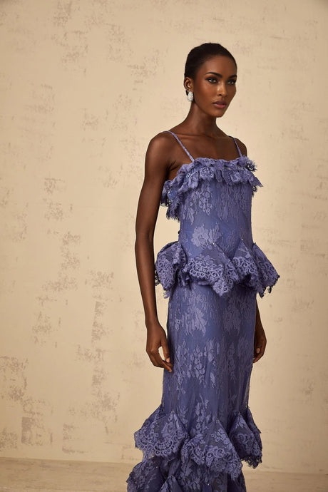 Marina Maxi Dress Purple Floral Lace Rhinestone Ruffle Bouquet