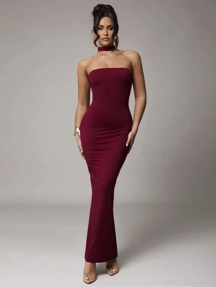 Marina Maxi Dress - Slim Fit - Refined Style - Sleeveless - Neckline Halter - Hem Shaped Pencil - Waist Line Natural