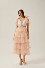 Marina Midi Dress Pink Crystal Embellished Tiered Ruffled