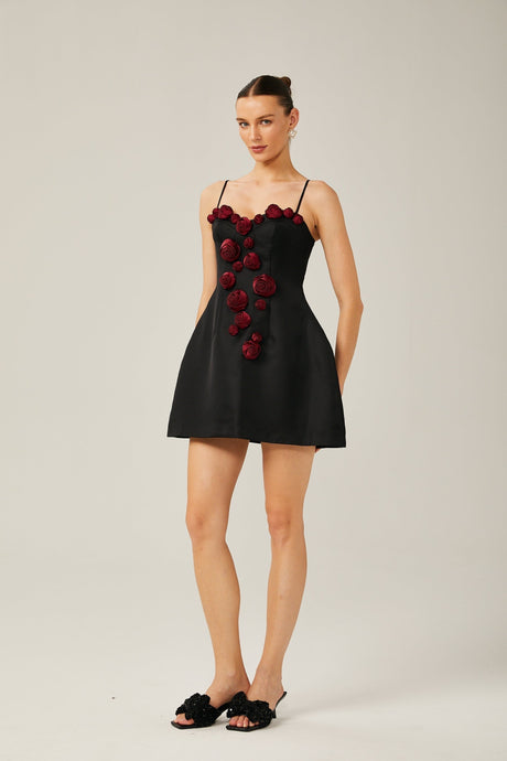 Marina Mini Dress Floral Applique Bustier Style Black