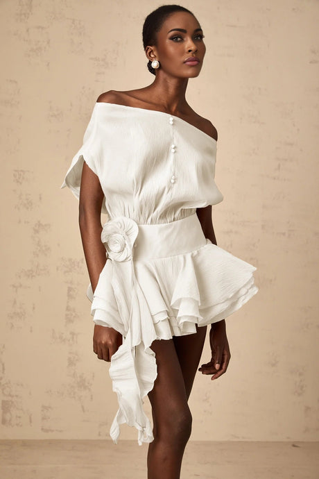 Marina Mini Dress White Floral Appliqu Off - shoulder Founce Tiered Skirt