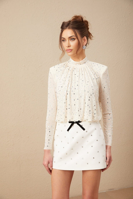 Mariolina Blouse - Long Sleeve - Crew Neck - Crystal Embellishment - Pleated Detailing
