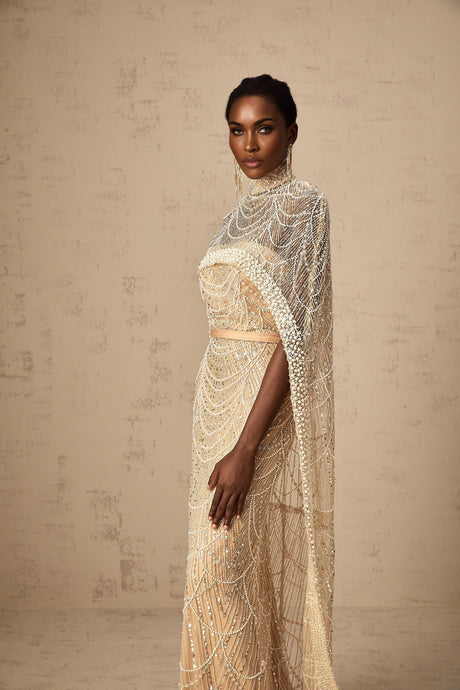 Mariolina Cape & Gown Champagne Beaded Sequin Train Floor Length