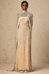 Mariolina Cape & Gown Champagne Beaded Sequin Train Floor Length