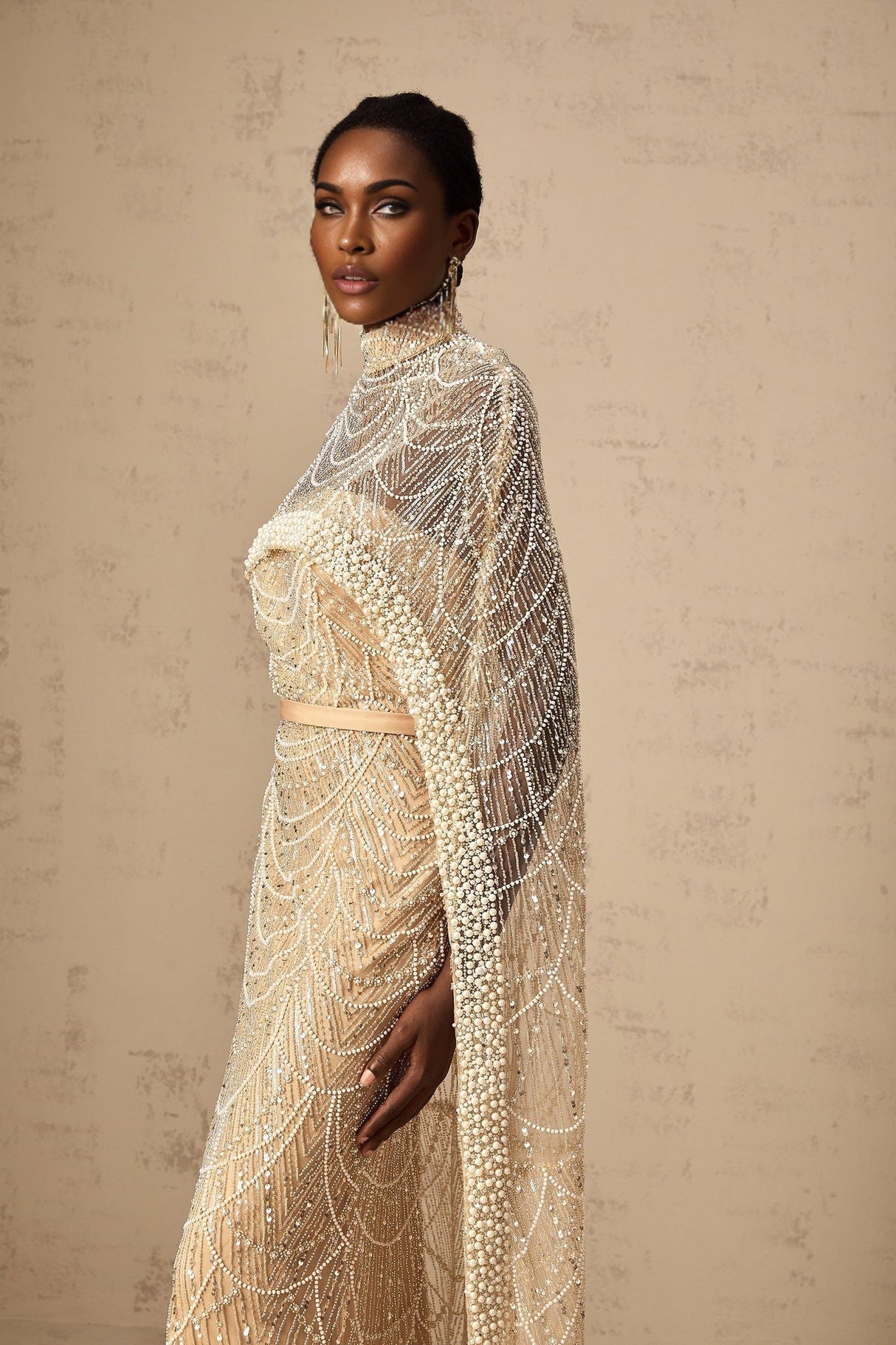 Mariolina Cape & Gown Champagne Beaded Sequin Train Floor Length