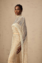 Mariolina Cape & Gown Champagne Beaded Sequin Train Floor Length