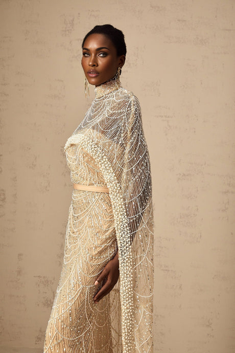 Mariolina Cape & Gown Champagne Beaded Sequin Train Floor Length