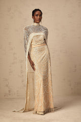 Mariolina Cape & Gown Champagne Beaded Sequin Train Floor Length