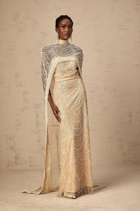 Mariolina Cape & Gown Champagne Beaded Sequin Train Floor Length