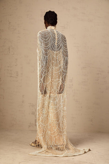Mariolina Cape & Gown Champagne Beaded Sequin Train Floor Length