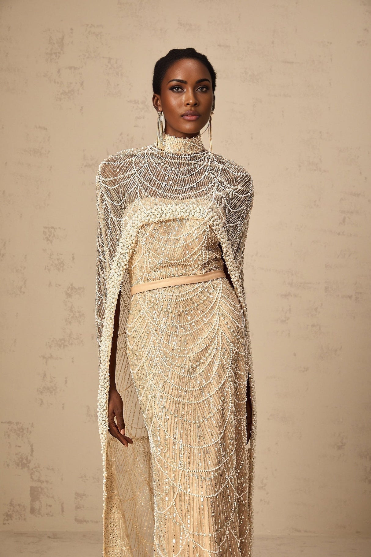Mariolina Cape & Gown Champagne Beaded Sequin Train Floor Length