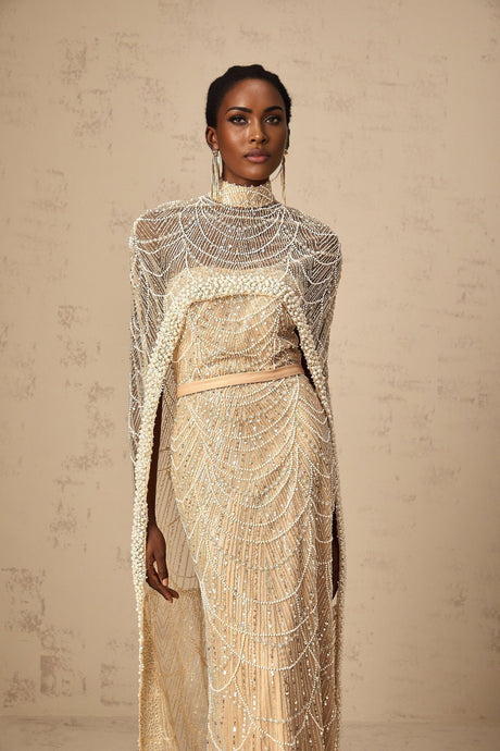 Mariolina Cape & Gown Champagne Beaded Sequin Train Floor Length