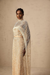 Mariolina Cape & Gown Champagne Beaded Sequin Train Floor Length