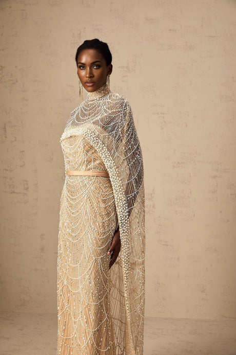 Mariolina Cape & Gown Champagne Beaded Sequin Train Floor Length