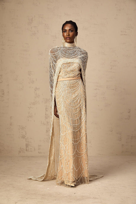 Mariolina Cape & Gown Champagne Beaded Sequin Train Floor Length
