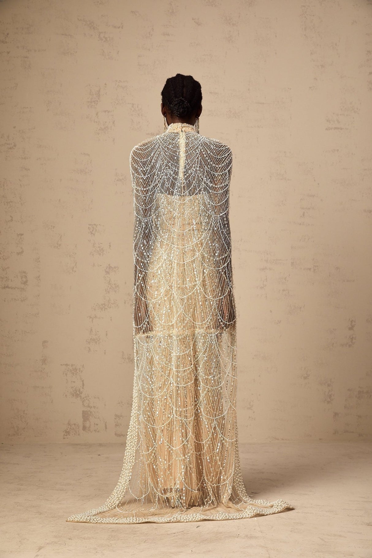 Mariolina Cape & Gown Champagne Beaded Sequin Train Floor Length